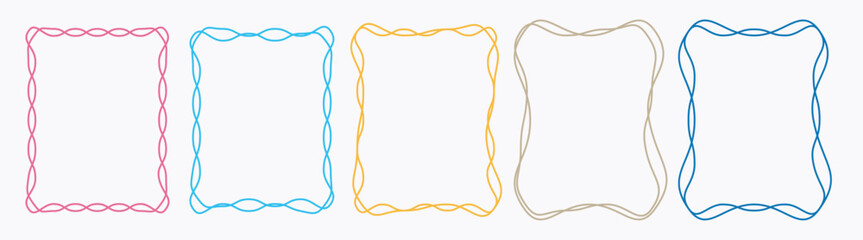 Naklejka premium Set of doodle hand drawn trendy frames with wavy lines, bows and ribbons. Trendy vintage postage borders for wedding invitations
