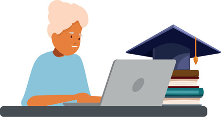 Elderly woman using laptop for online education, with graduation cap and books, depicting lifelong learning and personal development