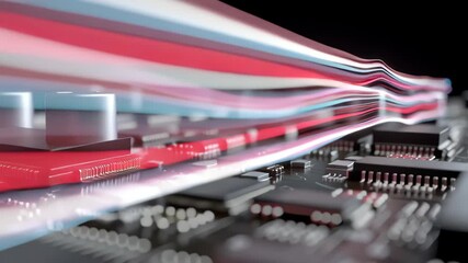 3d render of an artificial intelligence cpu chip on a circuit board with flowing data streams, symbolizing machine learning, big data and the future of technology - Powered by Adobe