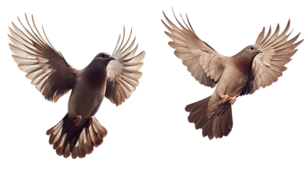 Two graceful birds in mid flight with wings spread soaring through the air nature scene isolated on white background