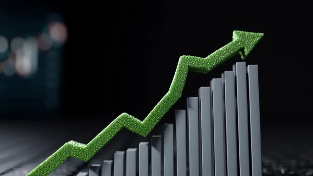 A green growth arrow going up over a bar chart against a digital data background, symbolizing financial success, stock market growth, profit and sustainable investment concepts