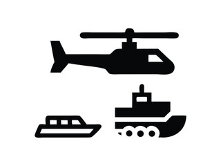 Obraz premium Simple Black and White Vector Illustration of Helicopter, Boat, and Tugboat