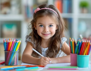 A cute little girl is drawing on paper with crayons. She has long brown hair and is wearing colorful in the white room.