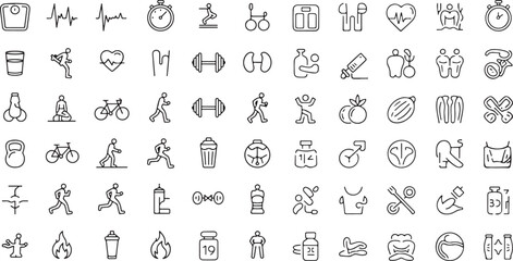 Collection of Black and White Fitness Icons Representing Health Wellness and Exercise Routine for Design Elements in Health and Nutrition Contexts