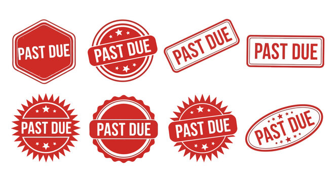 Collection of Red Past Due Stamps and Labels on White Background, Business Finance Concept