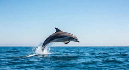 Fototapeta premium Dolphin's Graceful Leap - A dolphin leaps high above the ocean waves, symbolizing freedom, joy, energy, marine life, and aquatic beauty. The evokes a sense of wonder and the power of nature