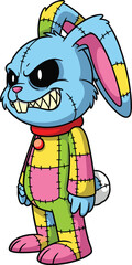 Cartoon blue rabbit with patchwork outfit, sharp teeth and bell collar, fantasy character design, cad drawing flat vector illustration