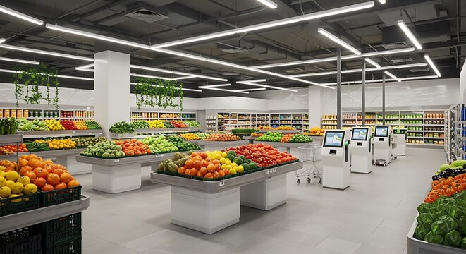 A well lit supermarket aisle filled with fresh produce and self checkout kiosks for customers use