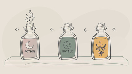 Three decorative potion bottles on a shelf, with whimsical designs and varying colors.