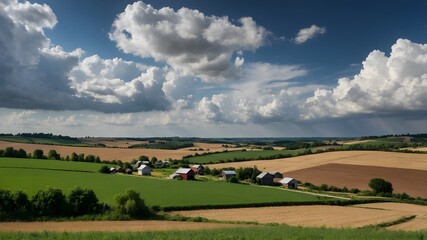 Naklejka premium Rural landscape with rolling fields, farmhouses, and dramatic cloudy skies.
