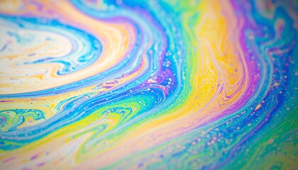 Macro photograph of iridescent soap film, exhibiting swirling rainbow colors and textures