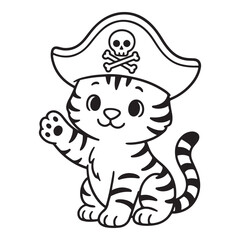 Cute Pirate Cat Waving Paw Wearing Skull Hat Line Art Cartoon Vector Illustration