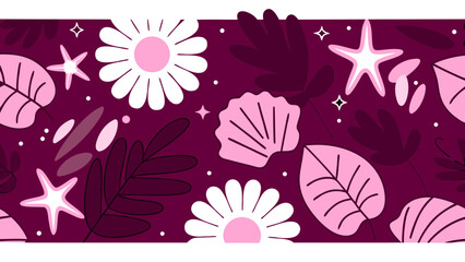 A vibrant floral pattern showcasing pink leaves, flowers, and shells against a deep purple background.
