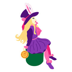 Wonderland vector illustrations. White rabbit, Alice, cat, hat, key, clock, cup of tea and rose, mushrooms and others
