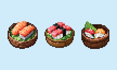 Pixel Art Assorted Sushi Bowl Set. A collection of three pixel art illustrations of sushi bowls filled with various types of sushi and garnishes. 