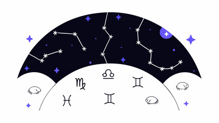 A whimsical illustration of zodiac constellations against a dark night sky with vibrant stars.