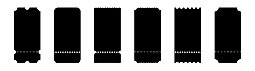 Set of tickets template of different forms. Tickets mockup for cinema. Coupon icons on white background.