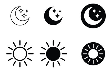 Moon, Stars, and Sun Icon Set: Outline and Solid Designs