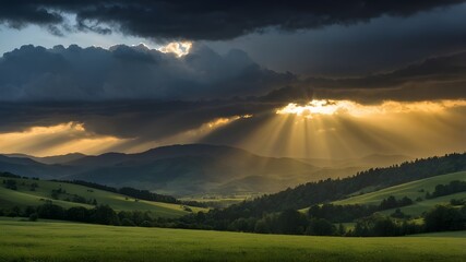 Sun rays break through dark clouds over a lush, rolling green valley.