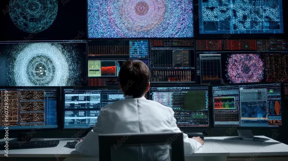 Poster dedicated quantum engineer surrounded by screens filled with intricate qubit data emphasizing realti