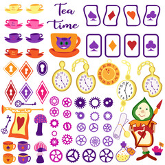 Wonderland vector illustrations. White rabbit, Alice, cat, hat, key, clock, cup of tea and rose, mushrooms and others