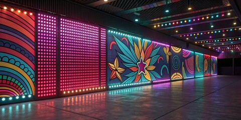 Vibrant Hallway LED Panels and Colorful Art, illumination , modern art
