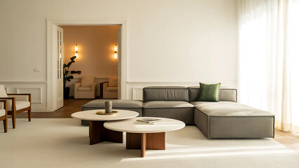 Fototapeta premium Modern living room interior with a grey sectional sofa and round marble coffee tables.