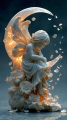 Ethereal Fairy Sculpture with Glowing Moon and Flower Petals