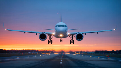 Fototapeta premium Airplane landing on an airport runway during a colorful sunset sky