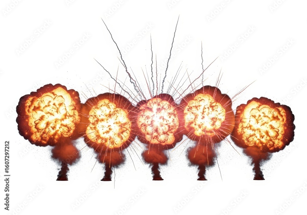 Poster fiery explosions sequence - a dramatic sequence of five fiery explosions against a white background.