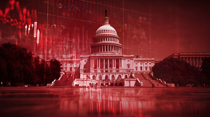Red Overlay of Financial Charts on Capitol Building at Night