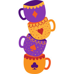 Wonderland vector illustrations. White rabbit, Alice, cat, hat, key, clock, cup of tea and rose, mushrooms and others