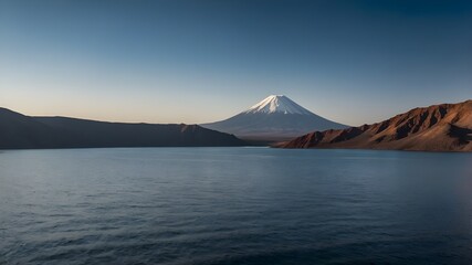 Fototapeta premium Snow-capped mountain overlooks a vast lake under a clear sky.