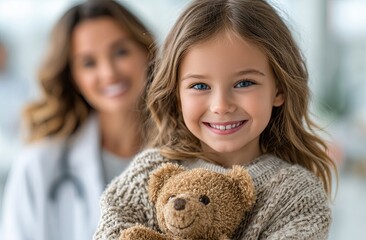 A young girl holding her teddy bear, smiling at the camera with an adult female doctor in a white coat blurred behind them in the background