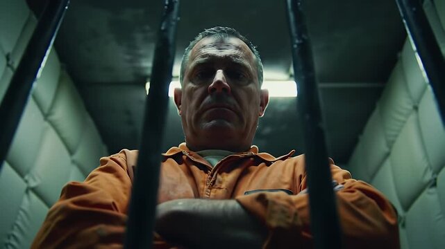 Stern Prisoner With Crossed Arms Behind Bars in Orange Jumpsuit in Padded Cell and Dramatic Lighting