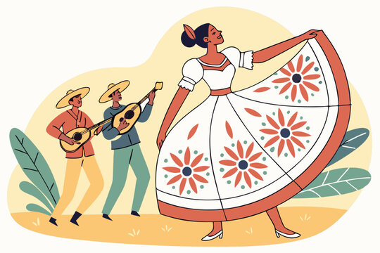 Traditional xhubleta dress twirling mid-folk dance, embroidered motifs radiating, &ccedil;ifteli players strumming beside, village square alive with rhythm, modern flat illustration style