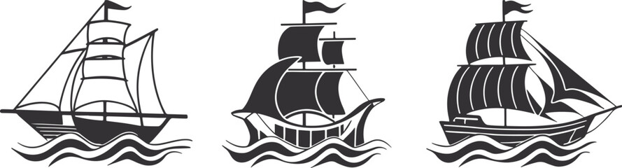 Vintage Sailing Ship Vector Illustration Set. Black Silhouette Nautical Boat Illustrations with Waves for Marine and Adventure Themes