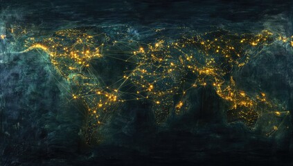 Obraz premium Global network map. Cities lit up with golden lines connecting, a dark, textured background