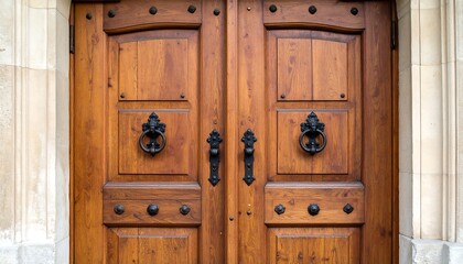 Magnificent wooden double doors with elegant iron hardware offering a welcoming entrance
