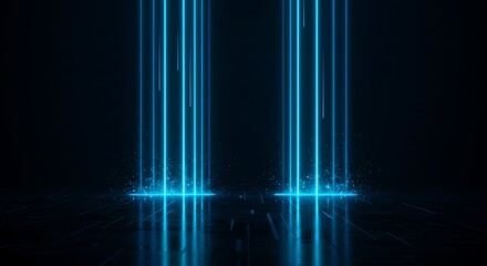 Vertical glowing blue lines emanating from a dark reflective surface with light particles