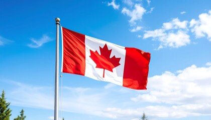 Majestic Canadian Flag Waving Against a Vibrant Blue Sky with Fleecy Clouds Backdrop