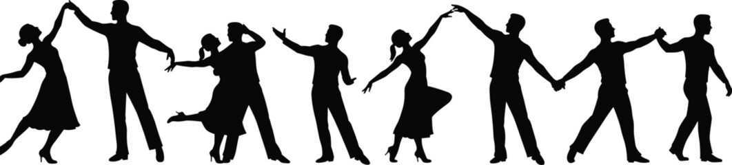 Silhouette couples dancing in various ballroom dance poses, romantic movement, elegant posture, isolated on white background, artistic illustration vector