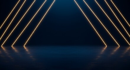 Illuminated triangle formed by neon lines on a dark blue background with reflective surface below it
