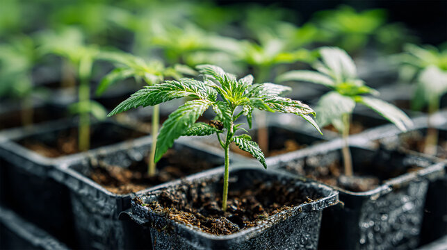 Close-up of young cannabis plants in small pots, showcasing vibrant green leaves and healthy stems. The neatly arranged seedlings highlight early stages of growth under optimal conditions in an indoor