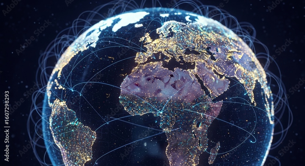 Poster global network connections - illuminated globe showcasing interconnectedness, representing global co