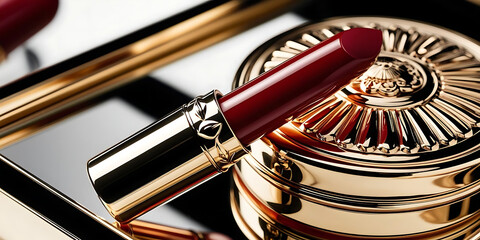 Luxury Red Lipstick on Ornate Gold Compact

