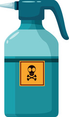 Blue plastic spray bottle containing dangerous liquid with poison warning symbol, isolated on white background