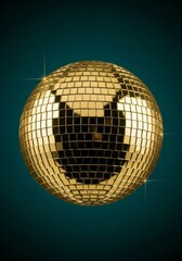 Golden Disco Ball Shimmer - A dazzling golden disco ball against a dark teal background, symbolizing celebration, fun, music, reflection, and retro