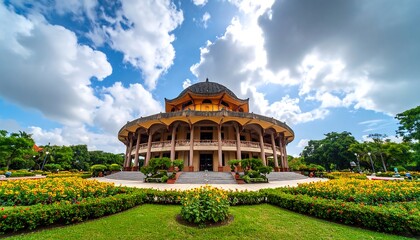 Majestic pavilion stands amidst vibrant gardens under expansive cloudy sky