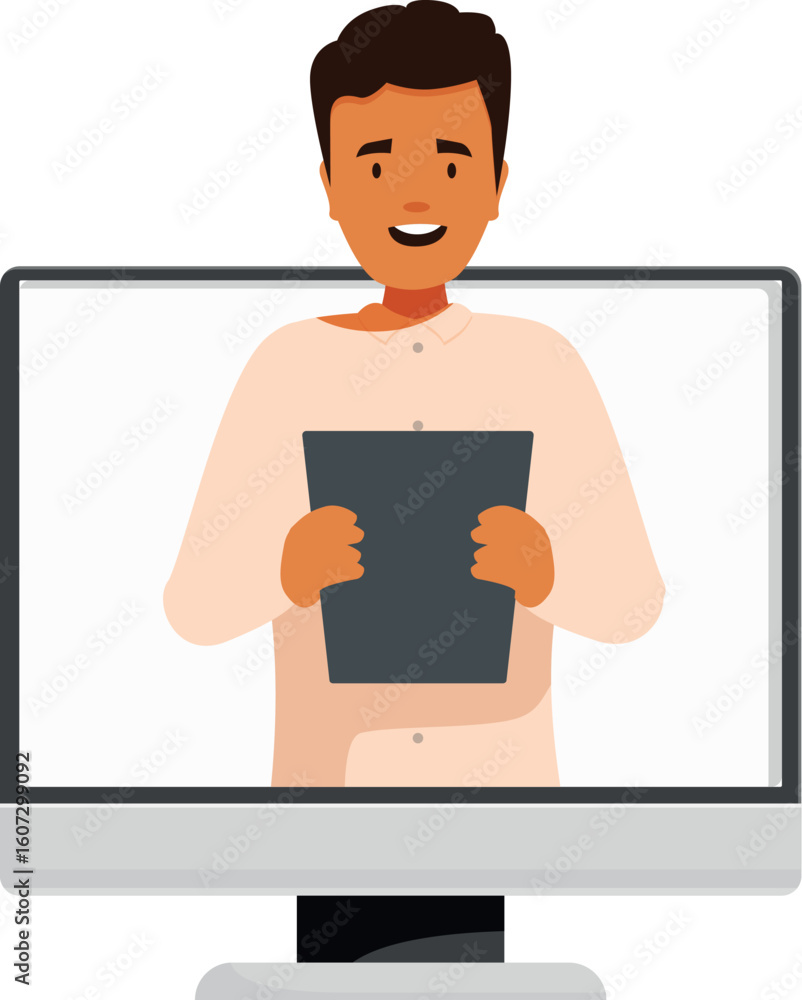 Poster smiling businessman showing a report during a video conference on a desktop computer